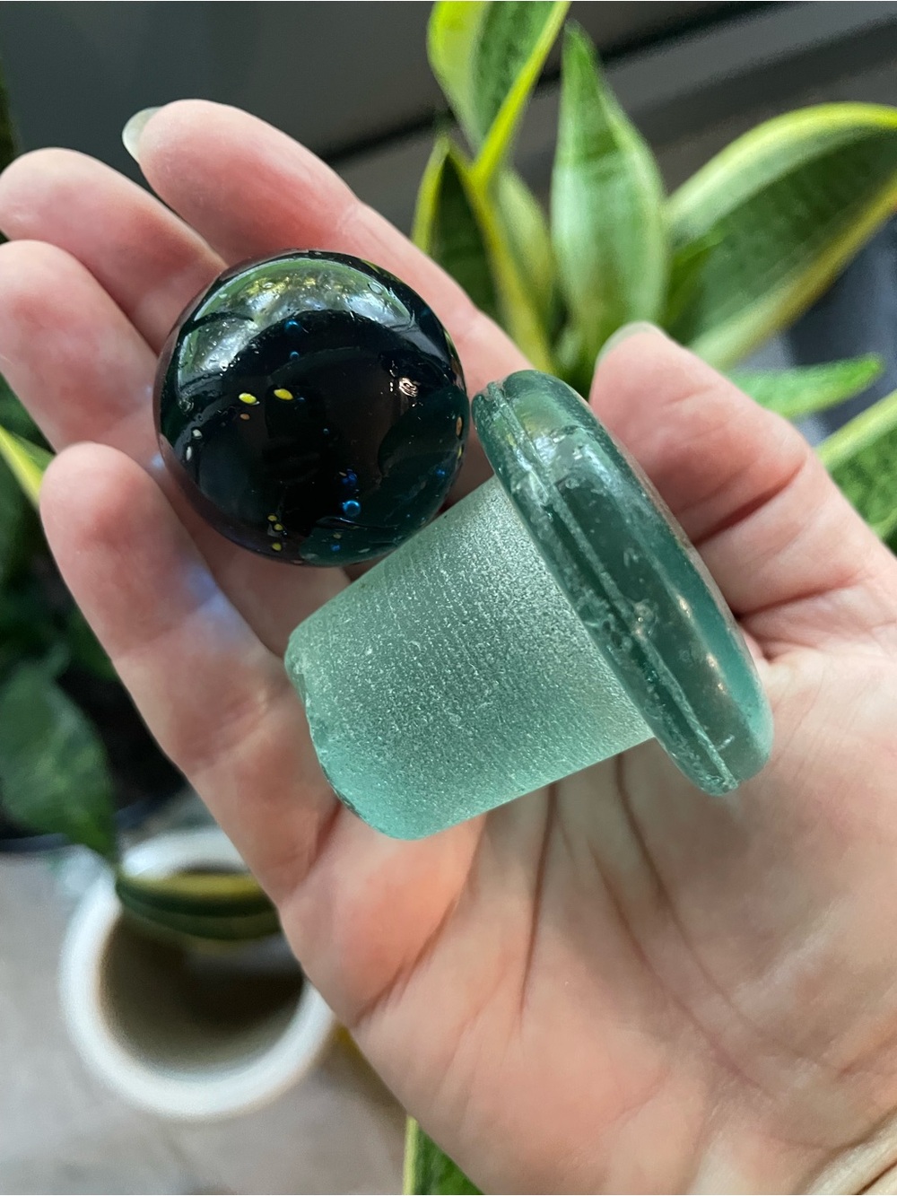 Vintage glass. Two pieces. Vintage marble and vintage bottle stopper.